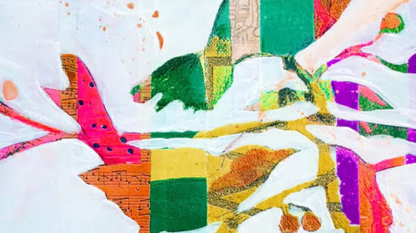 white background with colorful birds and branches  made up of colored paper pieces