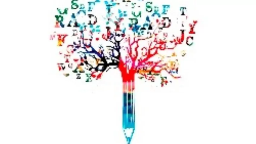 colorful pencil with a tree growing from the top with letters as the leaves