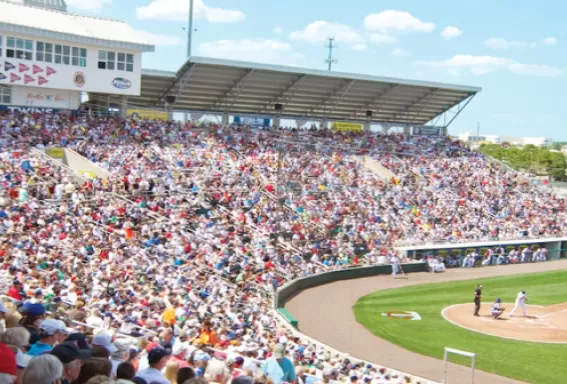 A crowd of people watching a baseball game