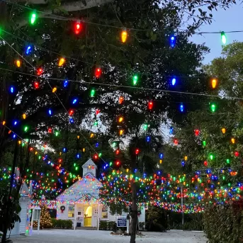 The Captiva Island Chapel decorated in holiday lights