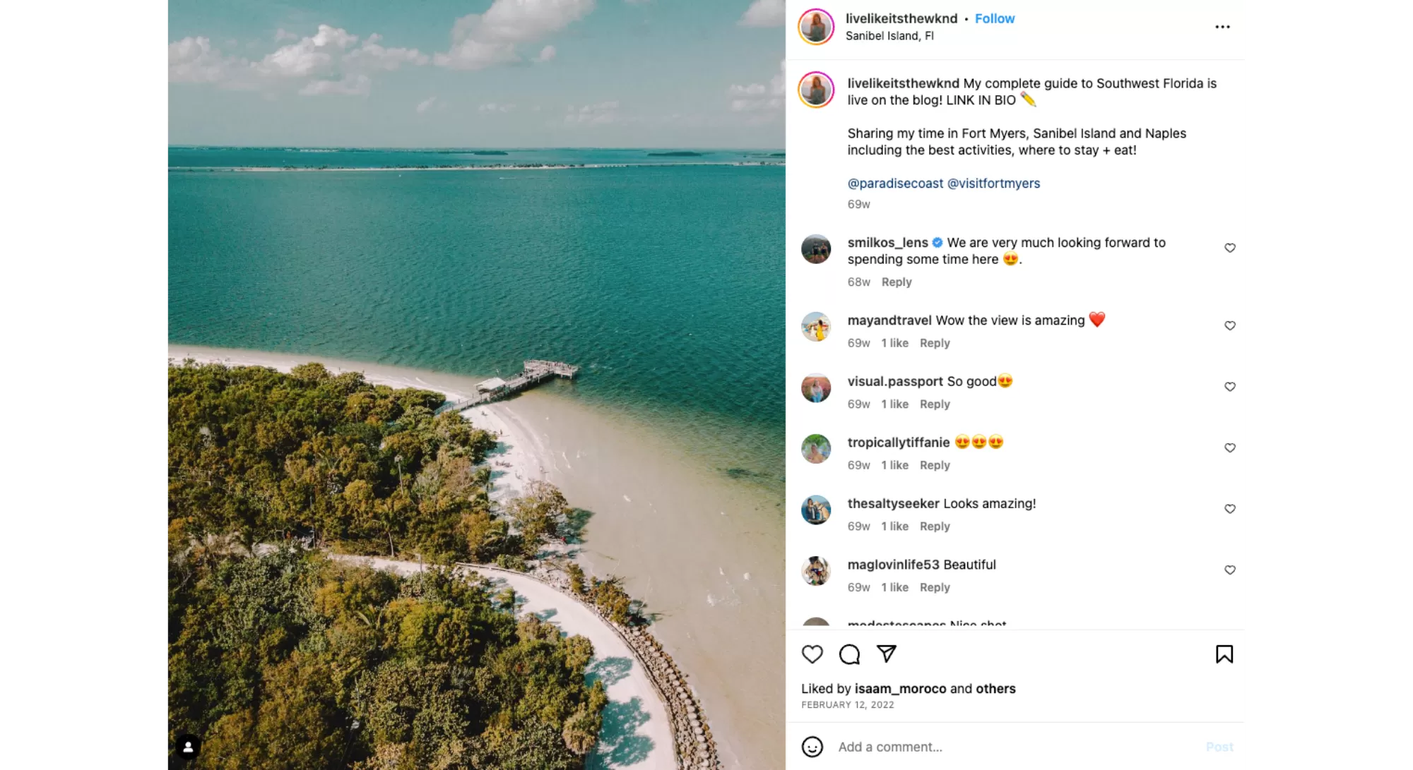 A screenshot of an IG post featuring a drone image of sanibel island fishing pier